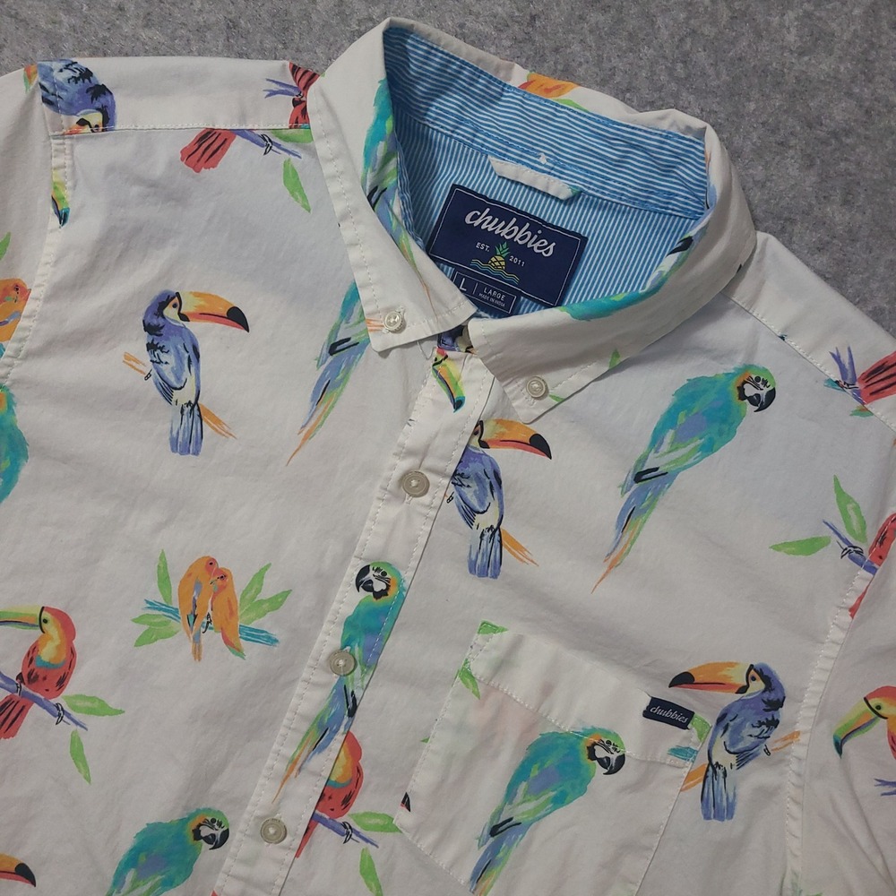 Chubbies Button Down Shirt Mens Large White Tropical Bird Toucan Parrot Stretch